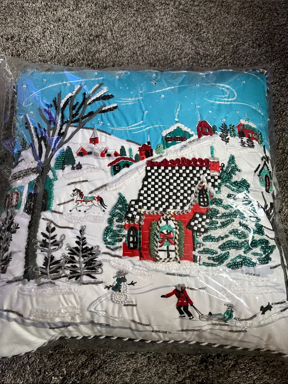 Mackenzie Childs Alpine Scene pillow! 18x18! Holiday Winter Village throw pillow